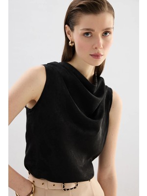 Sateen Degaje Yaka Bluz - Siyah