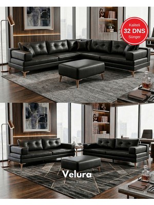 Velura Home & Living Zeri (Suni Deri) Yataklı Puzzle Modüler Köşe Koltuk Takımı & Köşe Takımı - Siyah