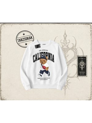 Tarzsokak Unisex California Bear Oversize Unisex Bisiklet Yaka Sweatshirt Beyaz