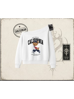 Tarzsokak Unisex California Bear Kadın Kayık Yaka Sweatshirt Beyaz