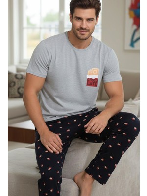 Siyah İnci Pamuklu Bisiklet Yaka Baskılı Kısa Kollu Örme Pijama Takım