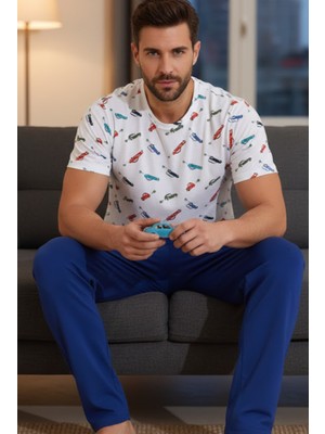 Siyah İnci Bisiklet Yaka Baskılı Örme Pijama Takım 25109843
