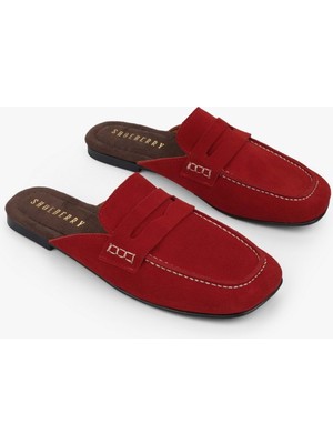 Shoeberry Kadın Kaela Kırmızı Hakiki Süet Deri Loafer Terlik