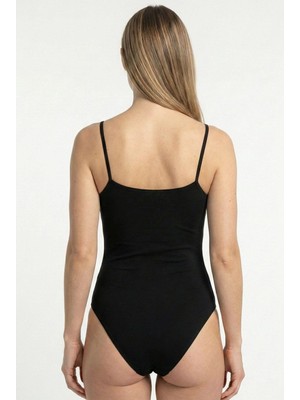 Obje Kadın Siyah Cotton İp Askılı Çıtçıtlı Body