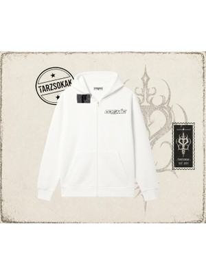 Tarzsokak Unisex Cosmic Oversize Unisex Hırka & Çeket Fermuarlı Sweatshirt Beyaz
