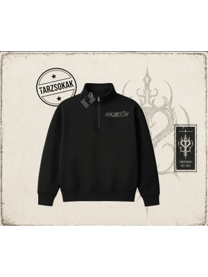 Tarzsokak Unisex Cosmic Unisex Polo Yaka Yarım Fermuarlı Sweatshirt Beyaz
