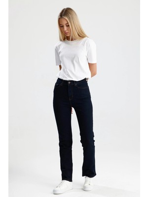 Yeni Sezon NATALY36 Yüksek Bel Düz Kesim Az Yıkanmış Renkte Indigo Denim Kadın Jean Pantolon