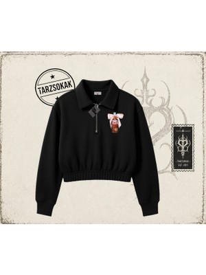 Tarzsokak Unisex Diet Cool Kadın Crop Polo Yaka Yarım Fermuarlı Sweatshirt Beyaz