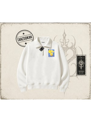 Tarzsokak Unisex Citrus Unisex Polo Yaka Yarım Fermuarlı Sweatshirt Beyaz