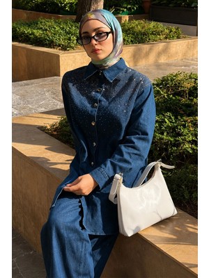 Missvalle Luna Taş Işlemeli Denim Takım Koyu Mavi 19401