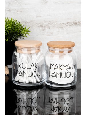 Dolkin Home 2'li Ahşap Kapaklı Cam Pamuk Seti Şeffaf Etiketli Kulak Pamuğu ve Makyaj Pamuğu Organize Banyo Seti