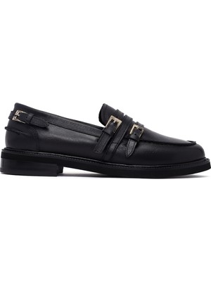 Derimod Kadın Siyah Tokalı Deri Maskülen Loafer AF140001DV