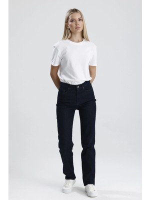 Özel Üretim Yüksek Bel NATALY36 Süper Koyu Indigo Denim Düz Kesim Sade Şık Kadın Jean Pantolon