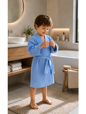 Evamark %100 Pamuk Müslin Çocuk Bornozu Kapüşonlu Banyo ve Plaj Havlusu - 7-8 Yaş / Bej
