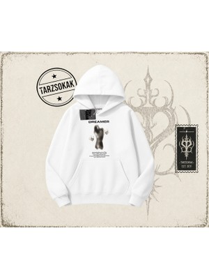 Tarzsokak Unisex Dreamer Oversize Unisex Kapşonlu Sweatshirt Beyaz