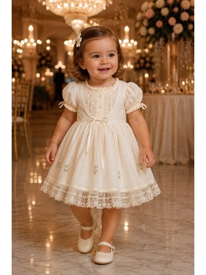 Mummys Love Kız Çocuk Dantel Detaylı Elbise&bluz Takım ve Nakışlı Saç Bandı - %100 Pamuk - Bej