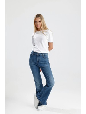 Özel Üretim Eskitilmiş Indigo Denim Zarif Rahat SHOPHIE33 Ispanyol Paça Kadın Jean Pantolon