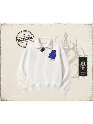 Tarzsokak Unisex First Class Unisex Polo Yaka Yarım Fermuarlı Sweatshirt Beyaz