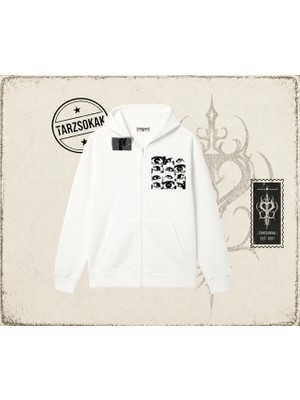 Tarzsokak Unisex Eyes World Wide Oversize Unisex Hırka & Çeket Fermuarlı Sweatshirt Beyaz