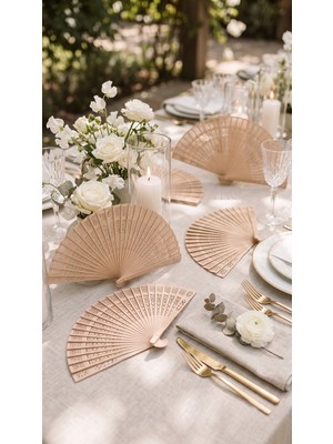 Lora Wedding Doğal Ahşap Oymalı Katlanır Yelpaze - Nostaljik & Otantik Hediyelik | 10 Adet | 25006-1