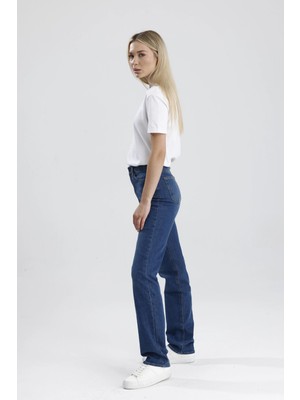 Yeni Sezon Yüksek Bel NATALY36 Orta Koyulukta Indigo Denim Düz Kesim Sade Şık Kadın Jean Pantolon