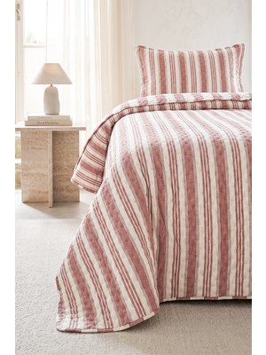 Ocean Home Textile Pamuklu Kapitoneli Bordo Renk Çizgi Desen Tek Kişilik Yatak Örtüsü Seti 1 Adet 180 x 230 / 1 Adet 50 x 70 cm