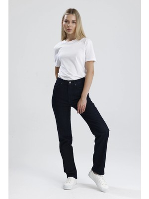 Özel Üretim Yüksek Bel NATALY36 Süper Koyu Indigo Denim Düz Kesim Sade Şık Kadın Jean Pantolon