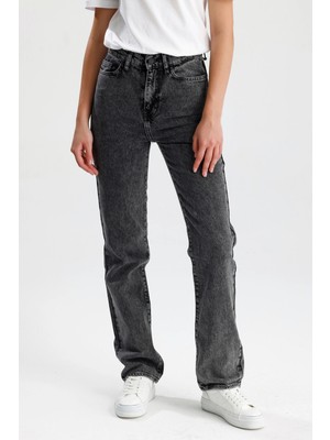 Yeni Sezon %100 Pamuk NATALY36 Yüksek Bel Düz Kesim Sade Şık Koyu Gri Denim Kadın Jean Pantolon