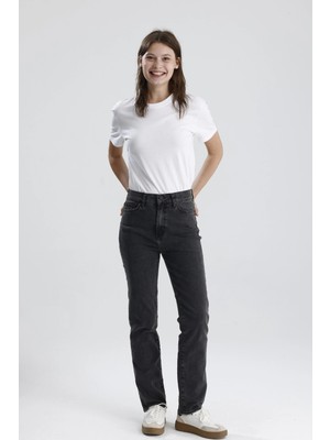 Yeni Sezon NATALY36 Yüksek Bel Düz Kesim Sade Şık Siyah Denim Kadın Jean Pantolon