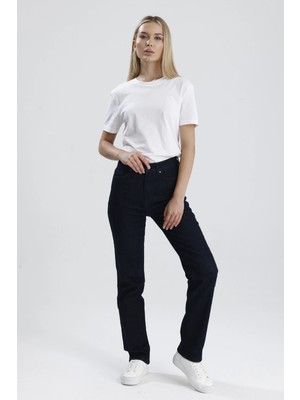 Özel Üretim Yüksek Bel NATALY36 Süper Koyu Indigo Denim Düz Kesim Sade Şık Kadın Jean Pantolon
