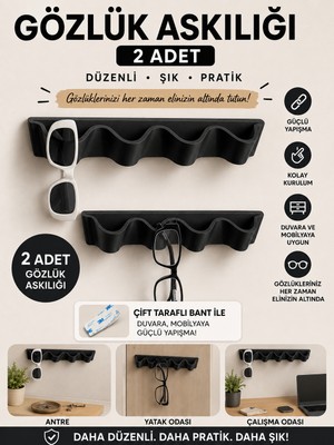 Tofu Yapışkanlı Gözlük Askılığı – Duvar ve Dolap Içi Organizer - 2 Adet - Siyah