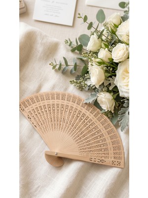 Lora Wedding Ahşap Oymalı Hediyelik Yelpaze - Kişiye Özel Baskılı Düğün & Davet Aksesuarı | 10 Adet | 25008-1