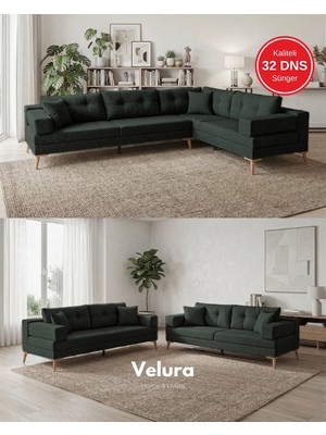 Velura Home & Living Zeri (Pufsuz) 3+3 Yataklı Modüler Koltuk Takımı & 2 Adet Üçlü Kanepe - Koyu Yeşil - 126
