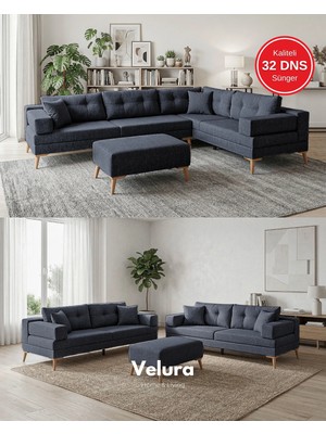Velura Home & Living Zeri Modüler Yataklı Koltuk Takımı & 2 Adet Üçlü Kanepe & Köşe Takımı (3+3) - Koyu Mavi - 118