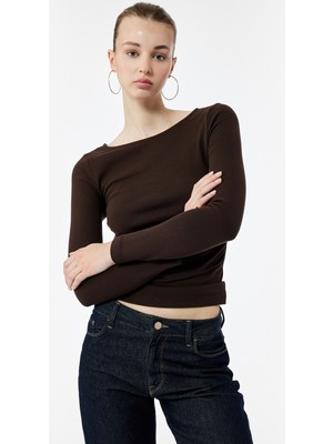 Koton Pamuklu Slim Fit Büzgülü Kayık Yaka Uzun Kollu Tişört
