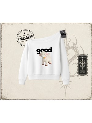 Tarzsokak Unisex Good Kadın Kayık Yaka Sweatshirt Beyaz