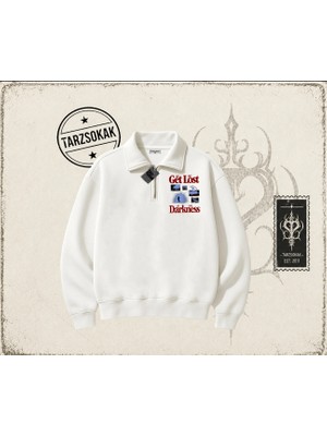 Tarzsokak Unisex Get Lost Unisex Polo Yaka Yarım Fermuarlı Sweatshirt Beyaz