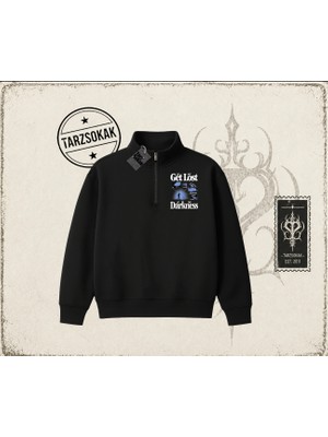 Tarzsokak Unisex Get Lost Unisex Polo Yaka Yarım Fermuarlı Sweatshirt Beyaz