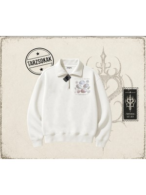 Tarzsokak Unisex Hampter Is Calling Unisex Polo Yaka Yarım Fermuarlı Sweatshirt Beyaz
