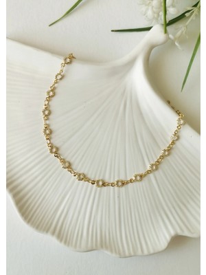 Halley Concept Beyaz Çiçek Taş Detaylı Gold Çelik Halhal 23+5 cm