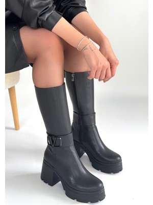 DMR Elegance Moki Siyah Cilt Topuklu Çizme