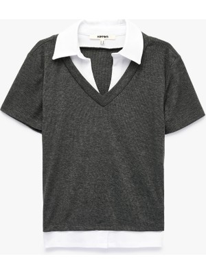 Koton Çift Kumaş Kullanımlı Katmanlı Slim Fit Kısa Kollu Gömlek Detaylı Tişört