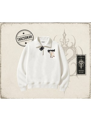 Tarzsokak Unisex Good Unisex Polo Yaka Yarım Fermuarlı Sweatshirt Beyaz