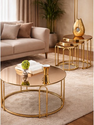 Sedaş Living Units 4 Lü Bronz Ayna Gold Metal Ayaklı Ayna Lenka Model Sehpa Takımı (Zigon ve Orta)