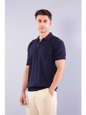 Mckanzie 10026 Kendinden Şeritli Fermuarlı Yakalı Triko T-shirt