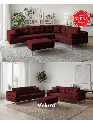 Velura Home & Living Zeri Modüler Yataklı Koltuk Takımı & 2 Adet Üçlü Kanepe & Köşe Takımı (3+3) - Bordo - 173