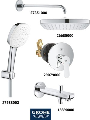 Grohe Bauedge Ankastre Banyo Bataryası Seti Büyük Rozetli Gagadan Yönlendiricili(Kare Tepe Duşlu)