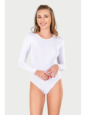 Obje Kadın Beyaz Sıfır Yaka Penye Uzun Kol Body