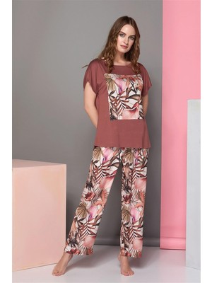 Obje Kadın Yaprak Desen Kiremit Yaprak Desen Pijama Takım