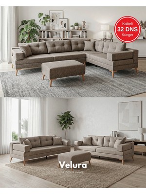 Velura Home & Living Zeri Modüler Yataklı Koltuk Takımı & 2 Adet Üçlü Kanepe & Köşe Takımı (3+3) - Sütlü Kahve - 160